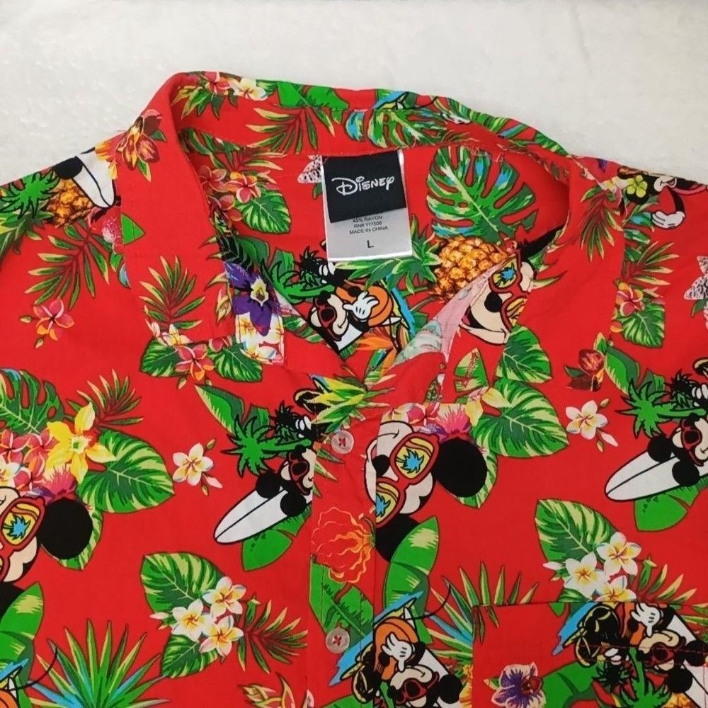 Disney Shirt Mens L Red Hawaiian Mickey Minnie Rayon Pineapple Button-Up Aloha - Picture 2 of 7
